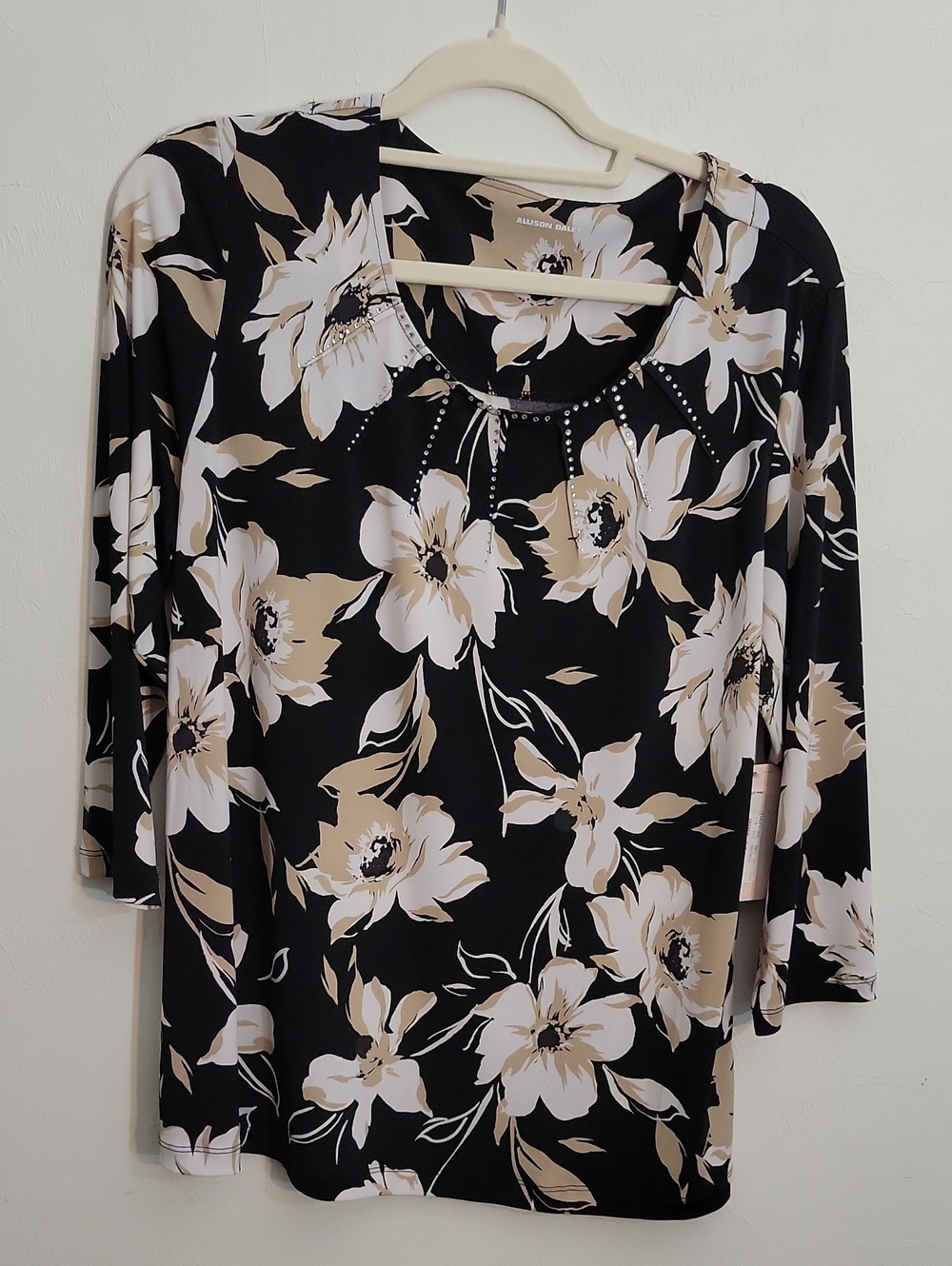 Allison Daley Black Floral Long Sleeve Scoop Neck Top with Beige & White Blooms